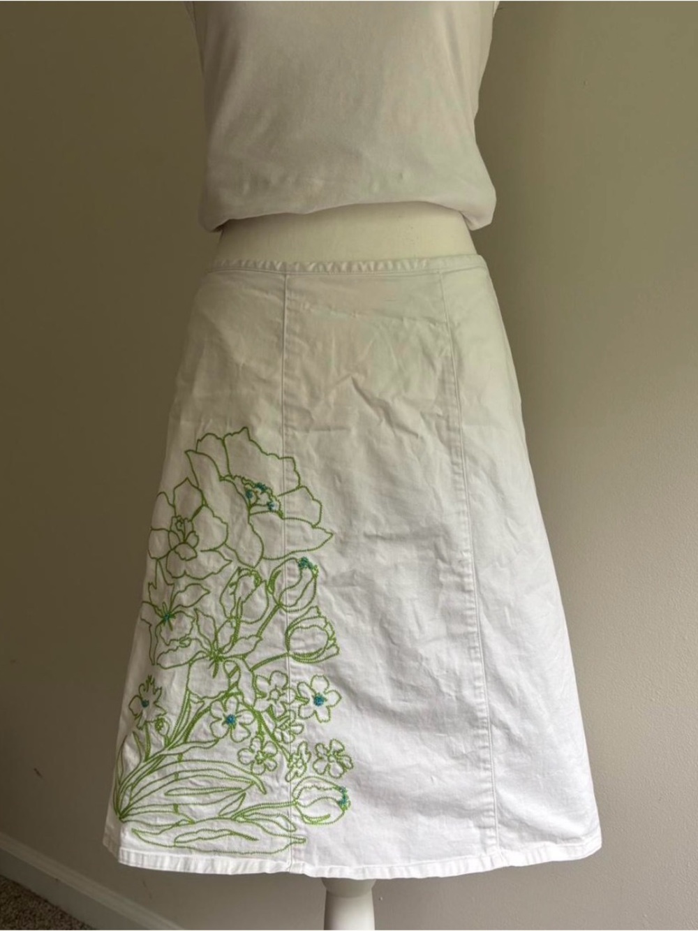 Cambridge Dry Goods White Skirt with Green & Blue Floral Embroidery